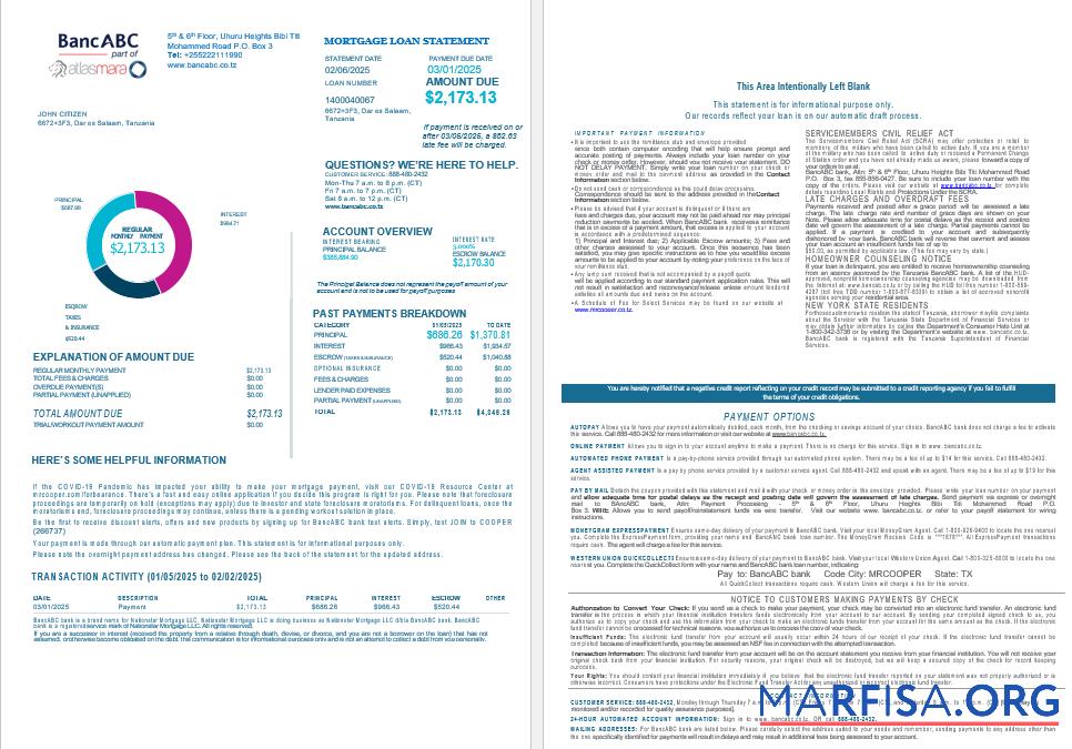 Downloadable Tanzania BancABC bank mortgage loan statement in Word and PDF formats , 4 pages 1 2 template
